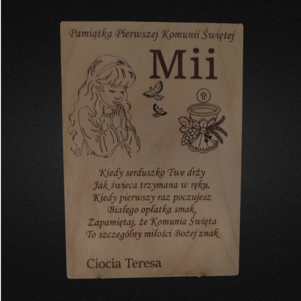 13 Pamiątka Pierwszej Komunii Świętej dla dziewczynki – personalizowana kartka ze stojakiem, 14x20 cm